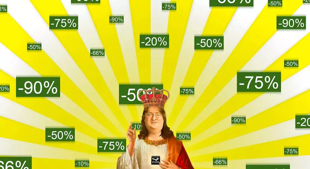 Valve CEO Gabe Newell, photoshopped as Jesus, stands in front of a radiating beam of discounts like "-90%" and "-20%" Valve CEO Gabe Newell, photoshopped as Jesus, stands in front of a radiating beam of discounts like "-90%" and "-20%"