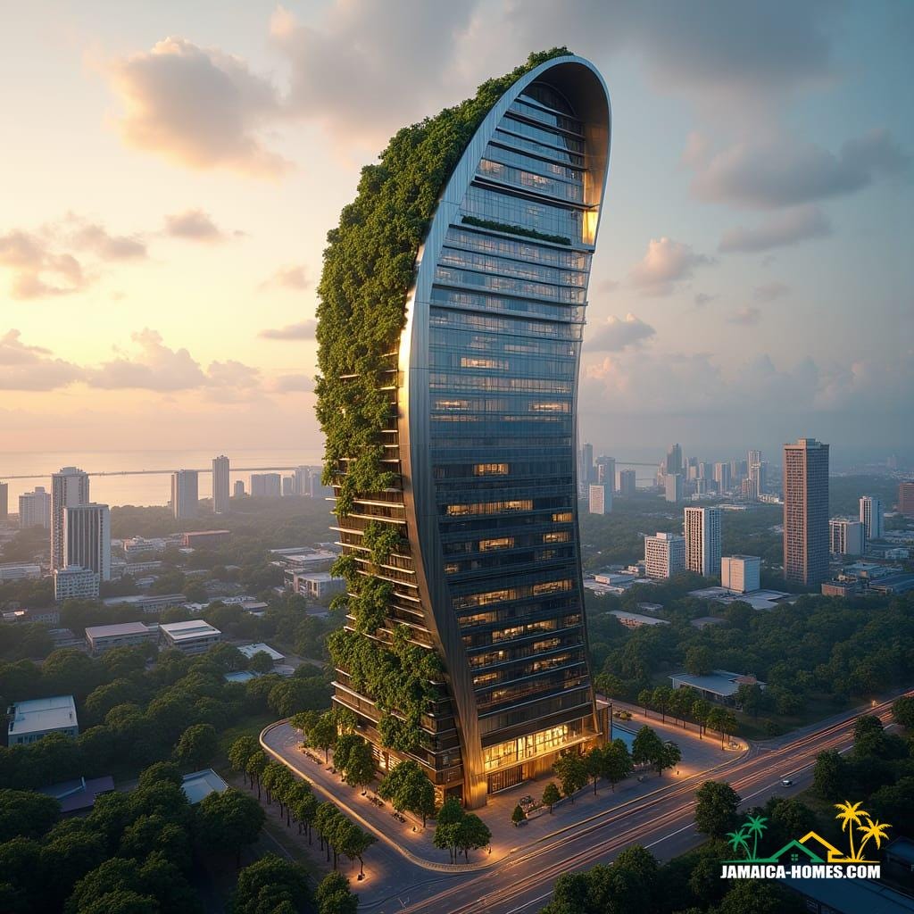 iconic skyscraper for downtown Kingston, Jamaica, that combines sleek, futuristic design with Jamaican cultural motifs.