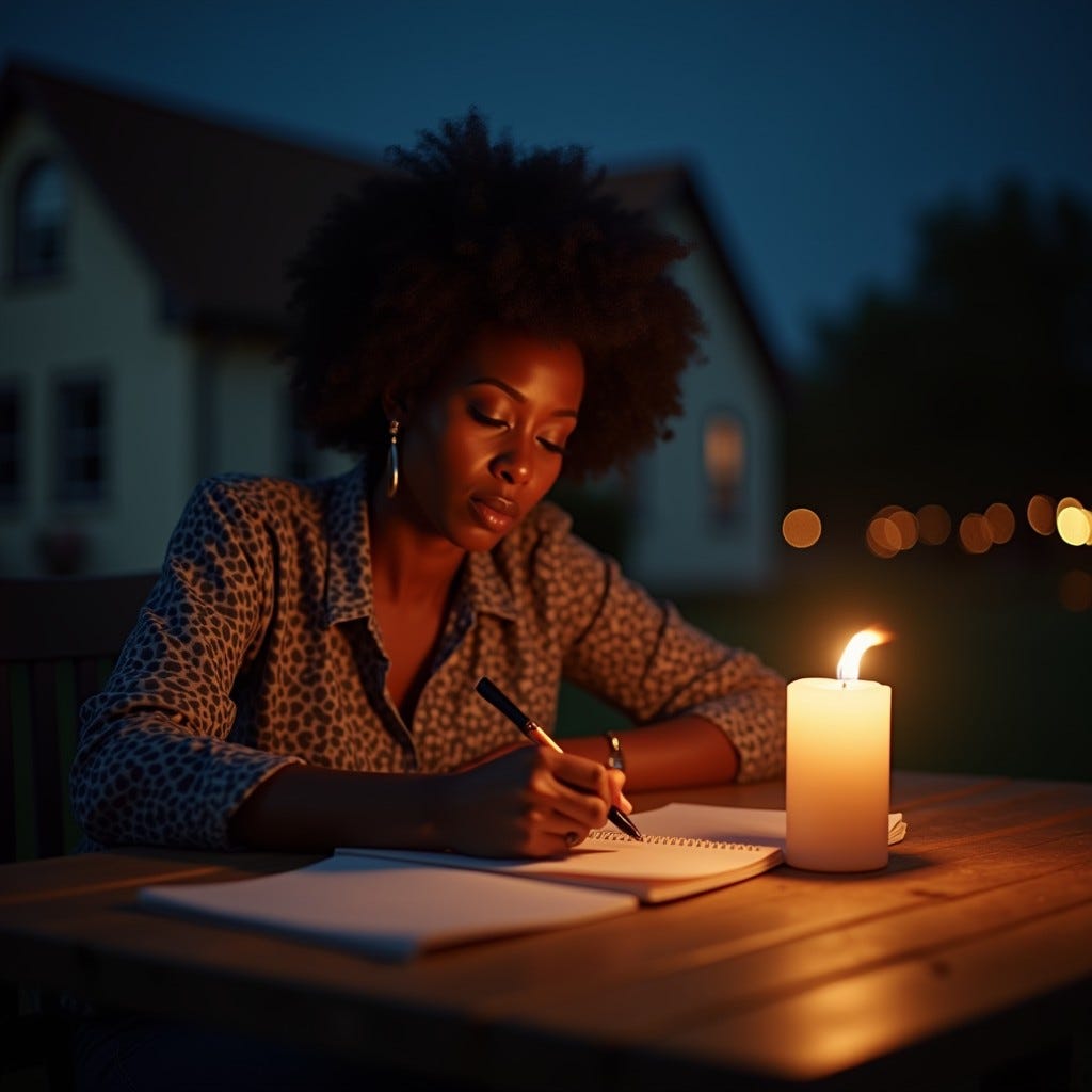 Provide me a realistic image of a light skinned African American woman in her 30s at a table in front of her house writing a letter.  It's the fourth of July. At night with firewords and friends.