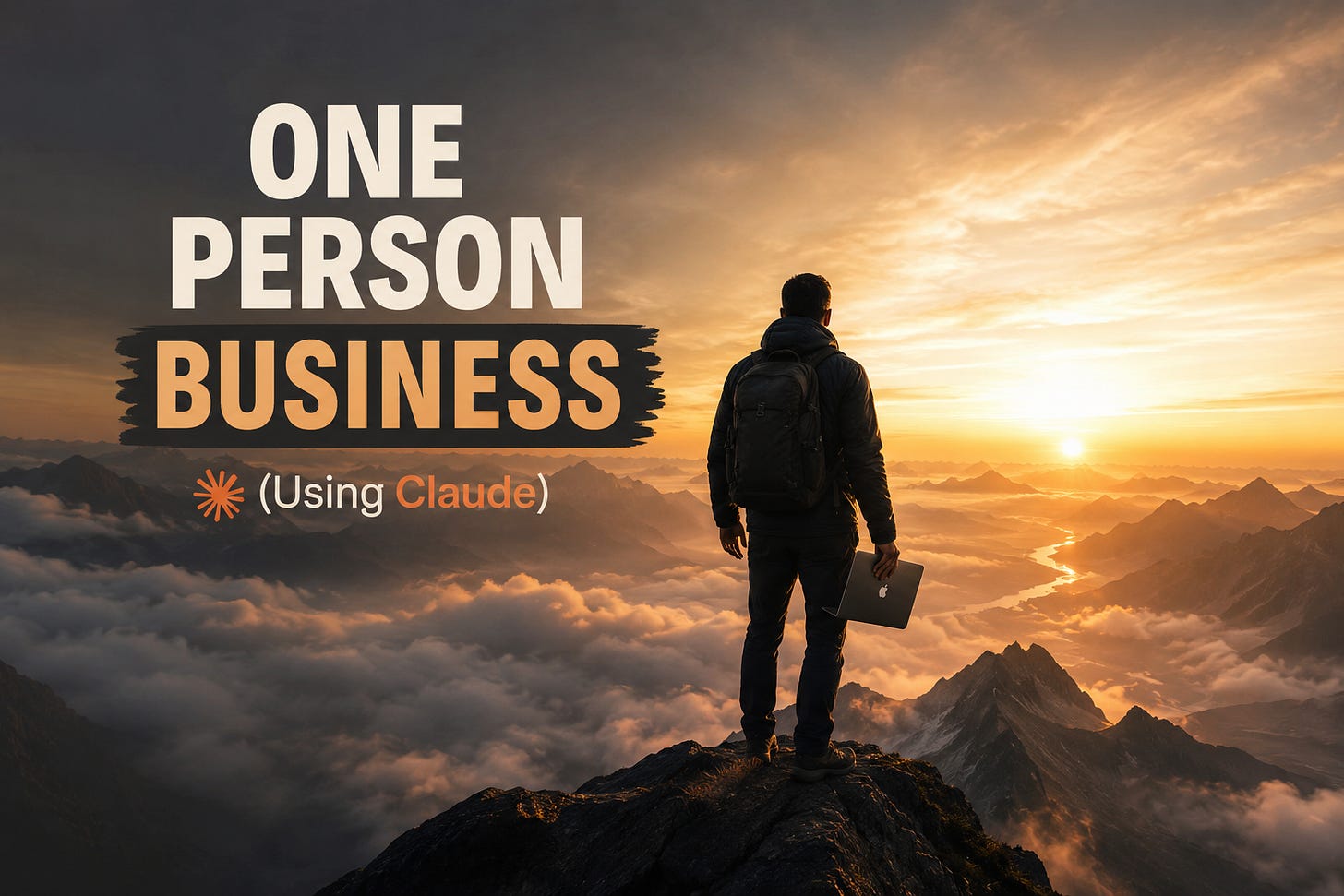 One Person Business using Claude, illustrated by a solo entrepreneur overlooking a mountain landscape with a laptop. One Person Business using Claude, illustrated by a solo entrepreneur overlooking a mountain landscape with a laptop.
