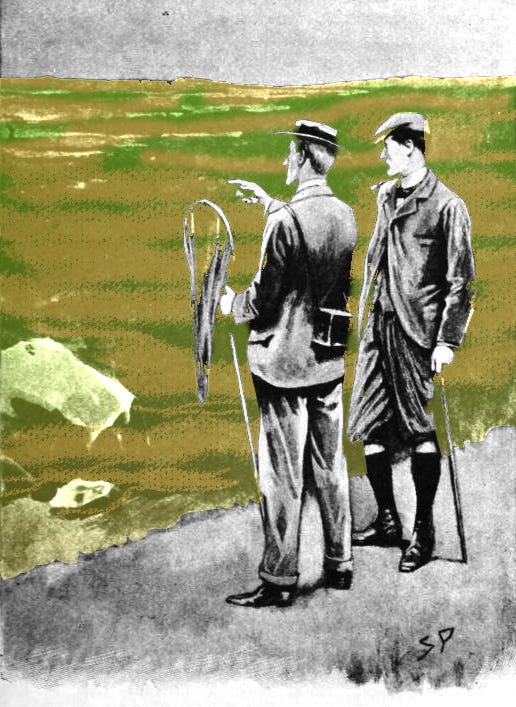 Two men Edwardian outfits looking at a bog