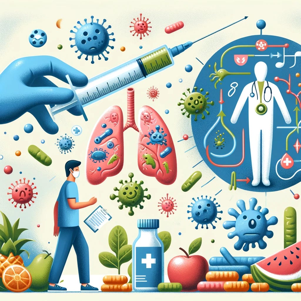 Illustration showing a person receiving a flu vaccine with visuals of healthy gut bacteria and immune cells, symbolizing the interplay between vaccines and gut health. Include elements like fruits, vegetables, and a person exercising to represent a balanced lifestyle.