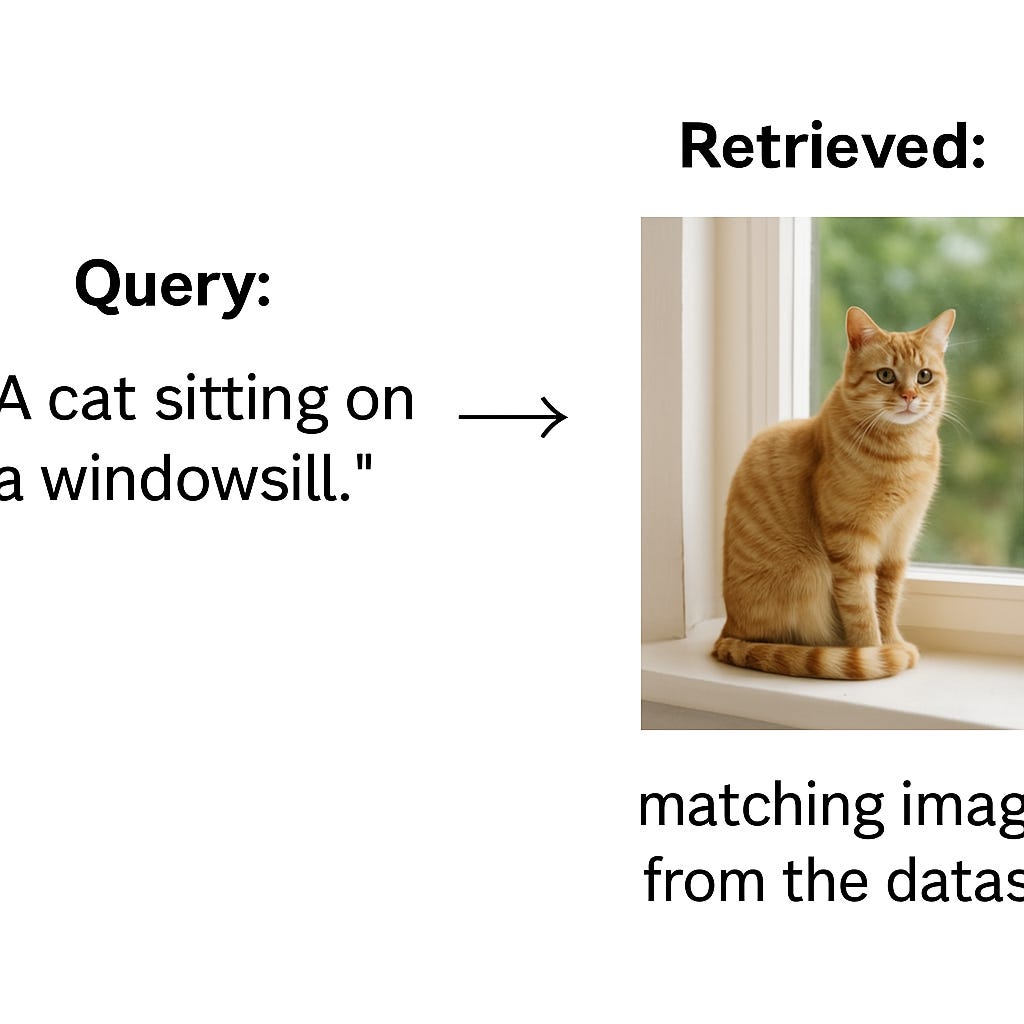Diagram showing multimodal embedding: a text query matched to an image using shared vector space