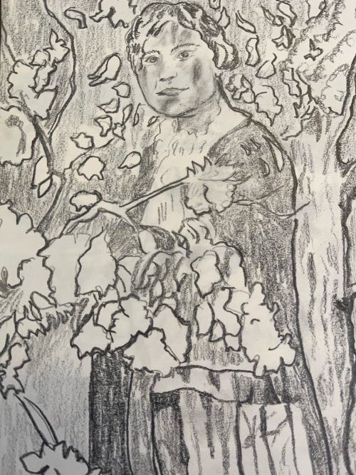 A sepia-toned hand-drawn in the early 20th century. She is staring towards the viewer with an enigmatic expression.