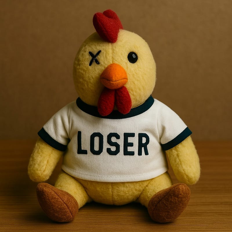 A plush yellow chicken toy with a red comb and orange beak sits on a wooden surface against a brown backdrop. It wears a white T-shirt with navy blue trim that reads LOSER in bold letters. One of its eyes is marked with a stitched X, giving it a slightly worn, defeated look. A plush yellow chicken toy with a red comb and orange beak sits on a wooden surface against a brown backdrop. It wears a white T-shirt with navy blue trim that reads LOSER in bold letters. One of its eyes is marked with a stitched X, giving it a slightly worn, defeated look.