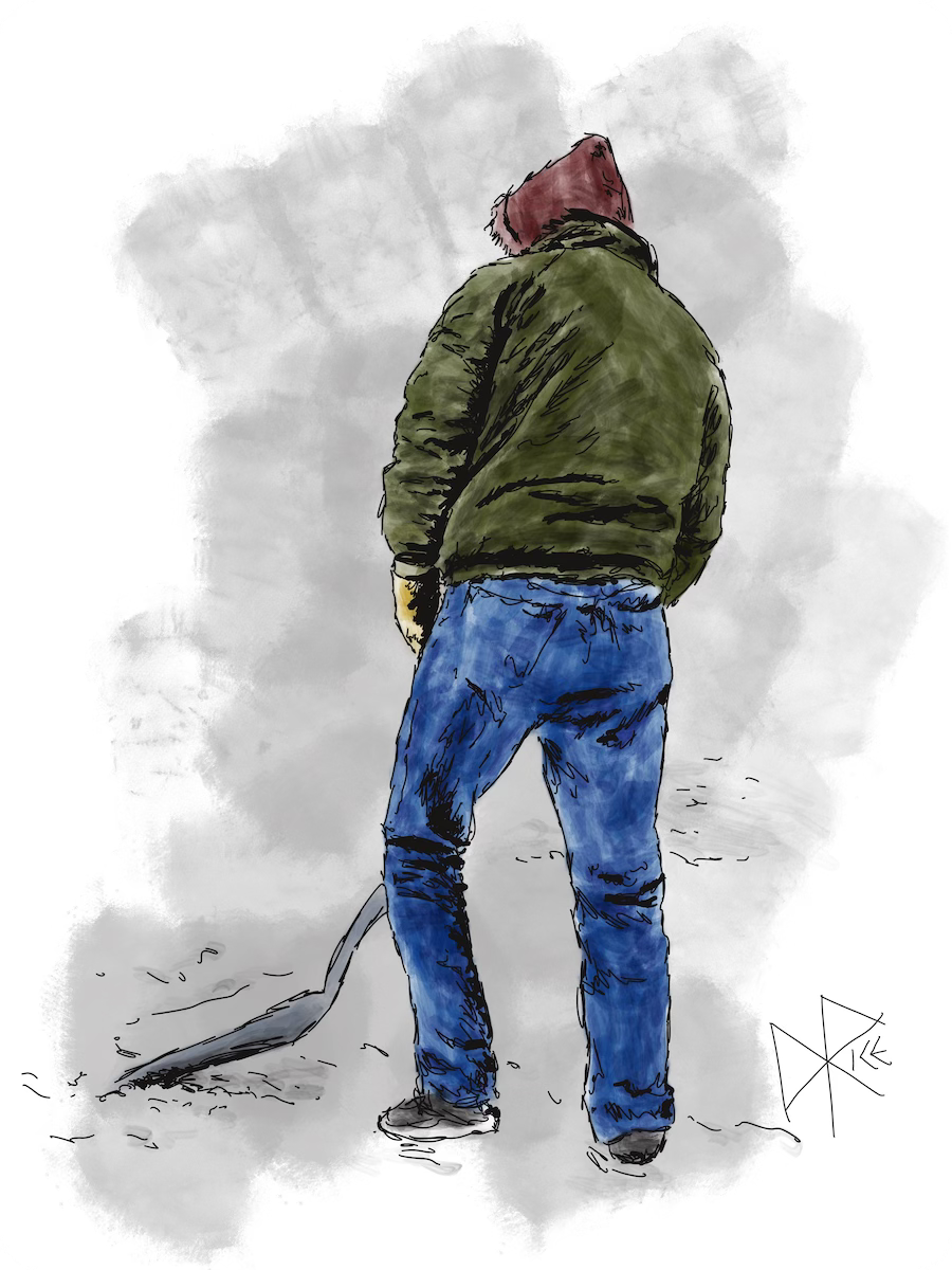 Man pushing a shovel along the pavement. Sketch art by Don Rice.