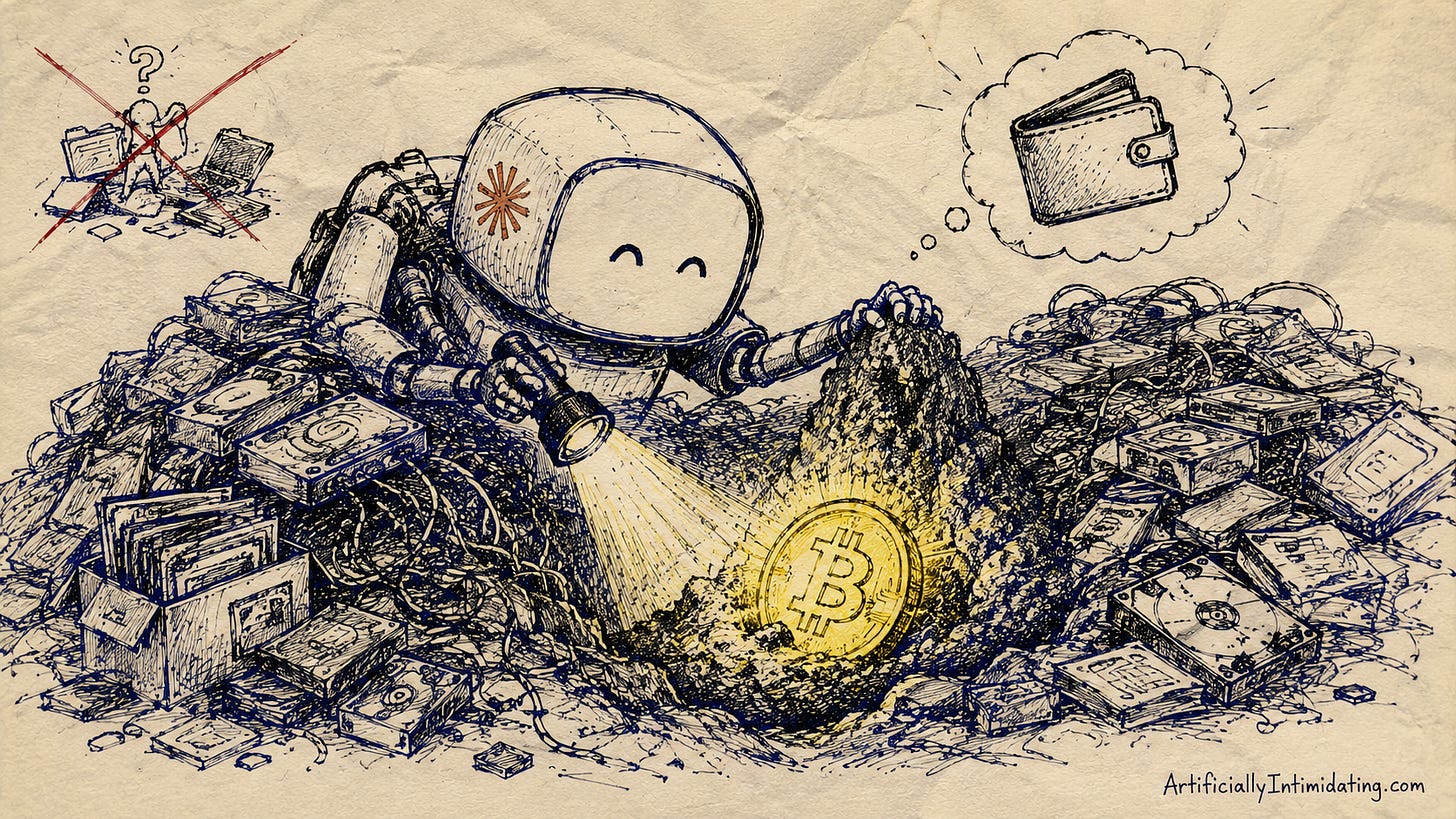AI Created Hand-drawn editorial sketch on textured paper showing a cheerful robot digging through giant piles of tangled hard drives, cables, disks, and old computer junk. The robot shines a flashlight into the debris and uncovers a glowing Bitcoin buried underground like treasure. A thought bubble above shows a lost wallet, while a crossed-out doodle in the corner depicts a confused human overwhelmed by old files. The illustration uses rough blue pen lines with small yellow highlights around the Bitcoin coin.