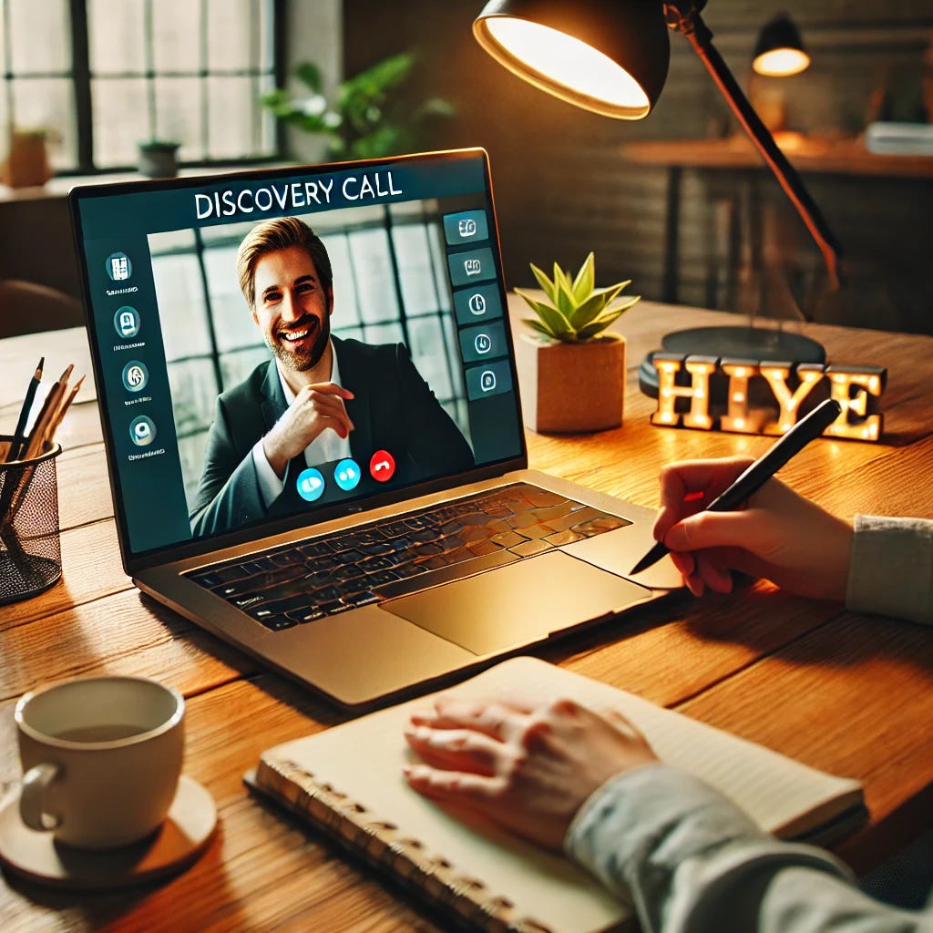 A professional and inviting scene of a discovery call. A person is sitting at a desk with a laptop, engaged in a virtual meeting. The screen displays a video call interface with another person smiling and taking notes. The workspace is modern, with a notepad, coffee cup, and a plant in the background. The lighting is warm and natural, creating a welcoming and productive atmosphere. A professional and inviting scene of a discovery call. A person is sitting at a desk with a laptop, engaged in a virtual meeting. The screen displays a video call interface with another person smiling and taking notes. The workspace is modern, with a notepad, coffee cup, and a plant in the background. The lighting is warm and natural, creating a welcoming and productive atmosphere.