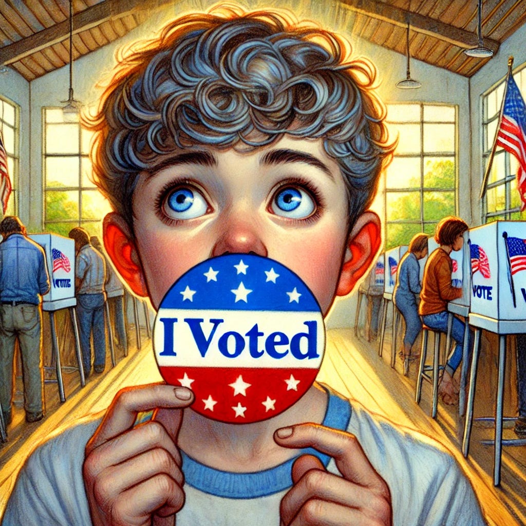 A naïve young person with a large “I voted” sticker at a polling place
