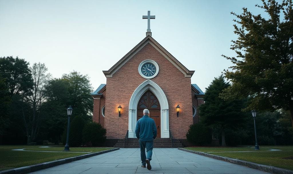 a man walking up to a church