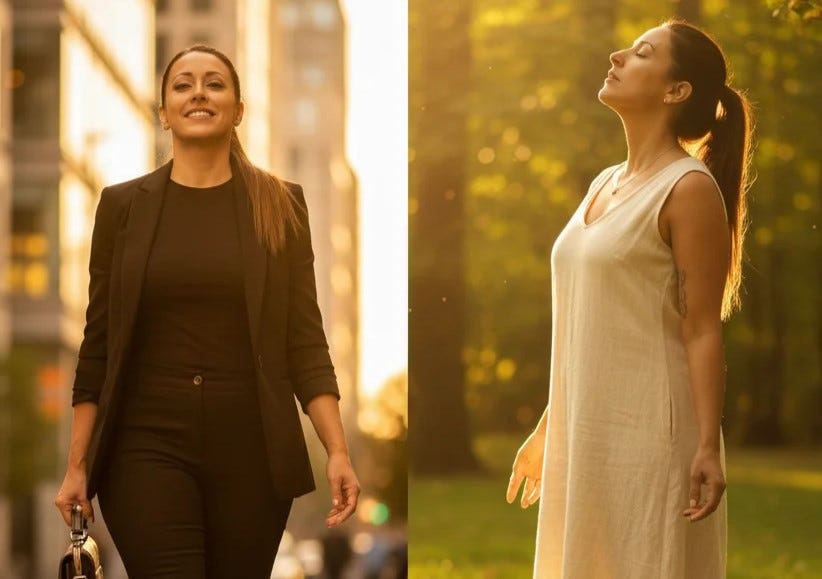 woman walking with fake confidence, another woman to her right, exhaling