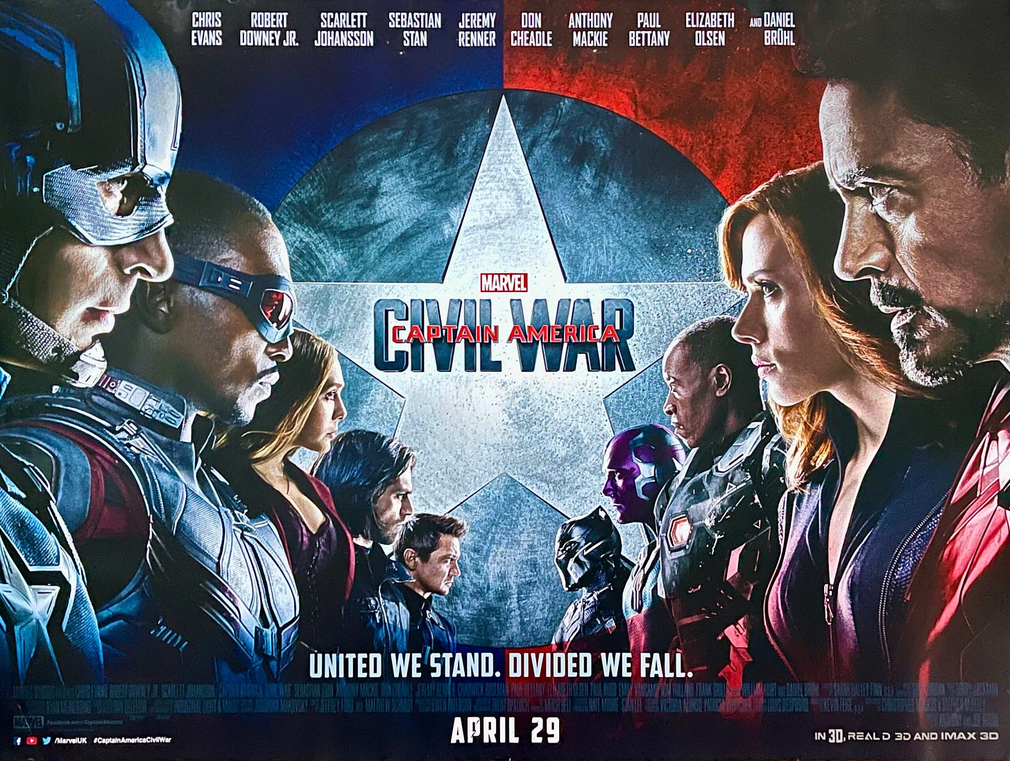 A poster for Captain America, Civil War, showing the Avengers posed in two lines, facing off as if in a fight