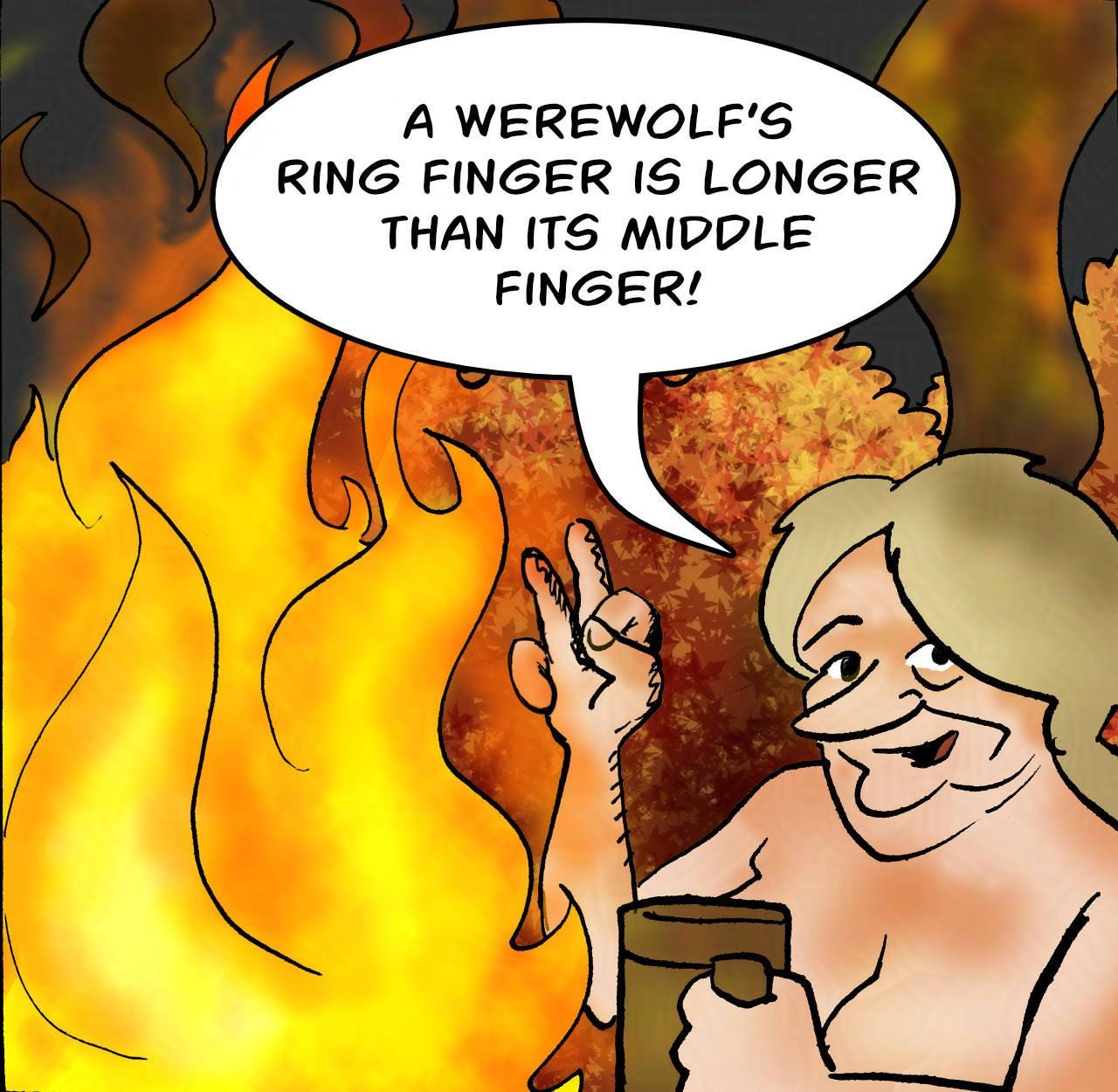 Panel 3. Shireen: A werewolf's finger is longer than its middle finger! 