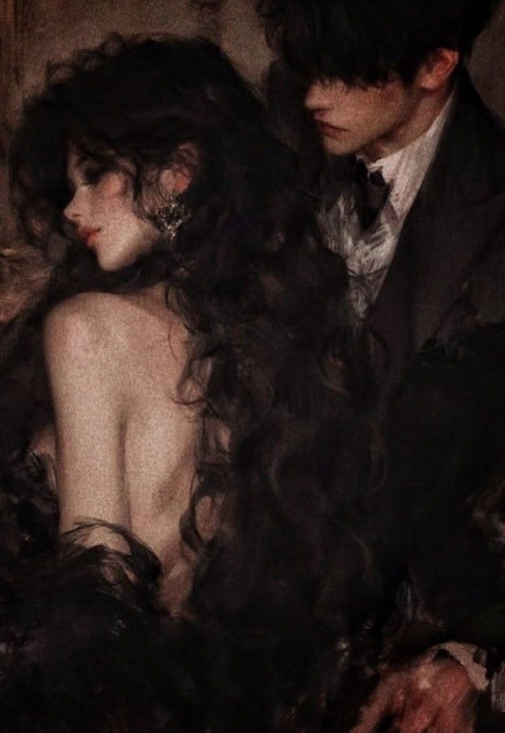 This may contain: a painting of a man and woman sitting next to each other with long black hair