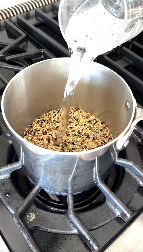 pouring water into pot of wild rice, bbq sauce ingredients mixed in a bowl