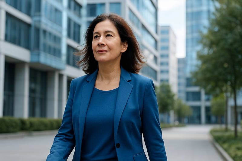 Imagen realista que muestra a una mujer senior caminando con determinación en un entorno urbano luminoso, simbolizando el proceso de reinventarse profesionalmente, con actitud positiva, confianza y energía renovada.