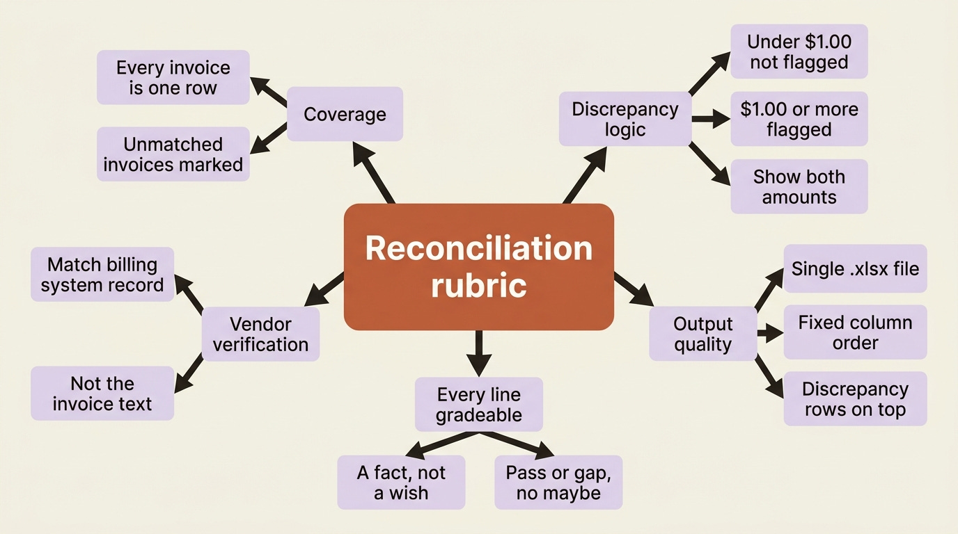 A mindmap of the reconciliation rubric: four categories of criteria, each a checkable fact rather than a wish. A mindmap of the reconciliation rubric: four categories of criteria, each a checkable fact rather than a wish.