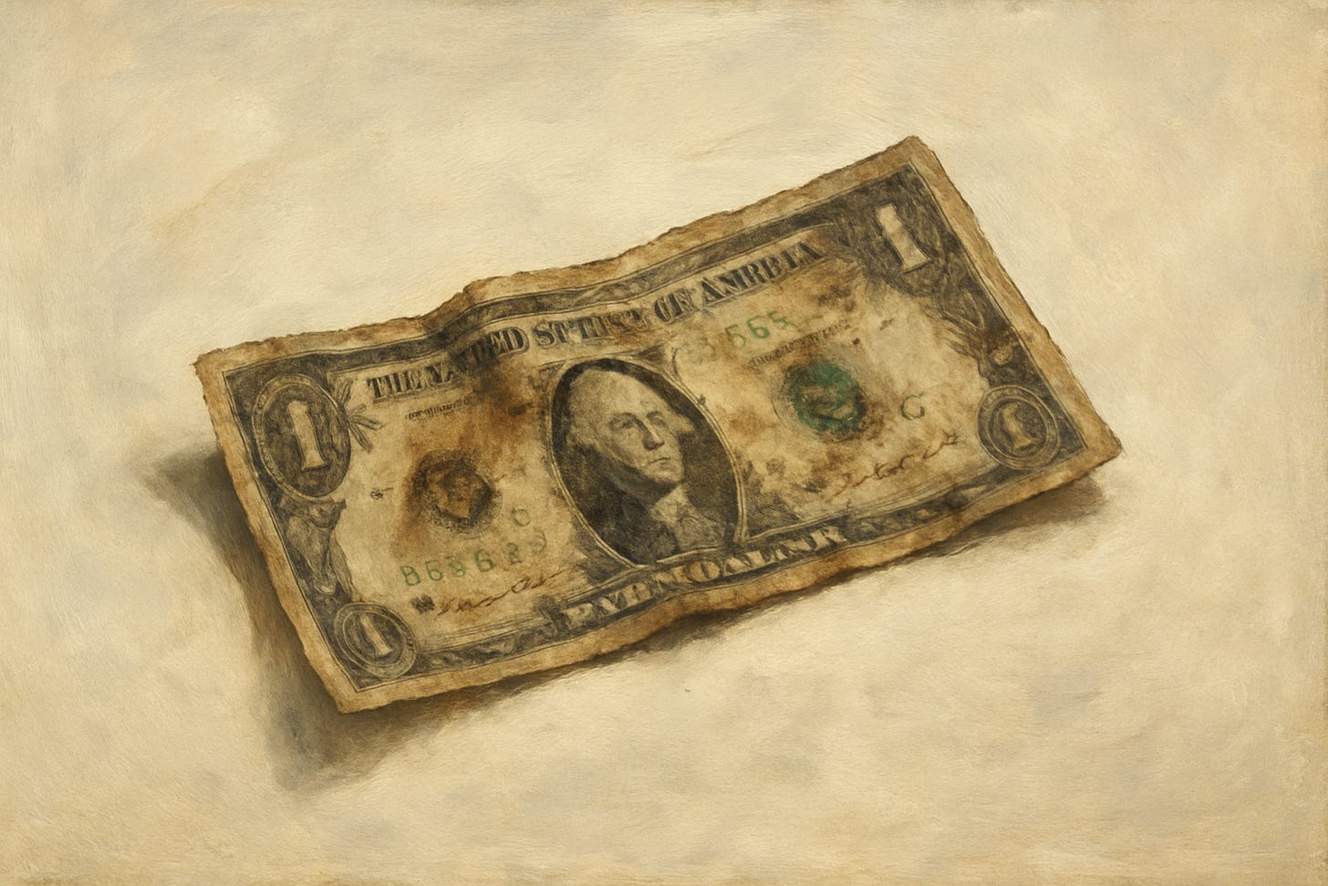 A crumpled, stained dollar bill rests on a soft white canvas. The oil painting evokes memory, shame, and inherited money distortion.