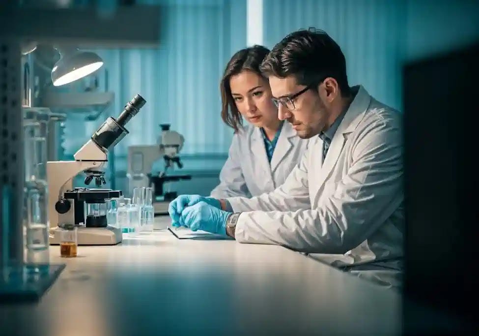 Two scientists in lab coats examining a specimen with focused expressions in a bright laboratory setting.