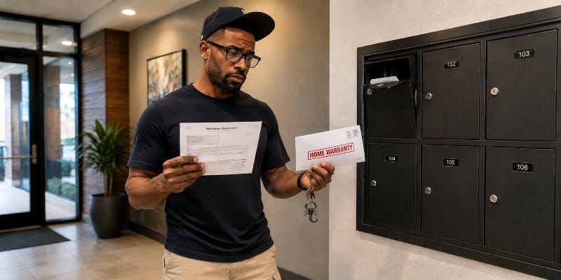 Man holds home warranty mail in his hands while standing near mailbox in lobby.