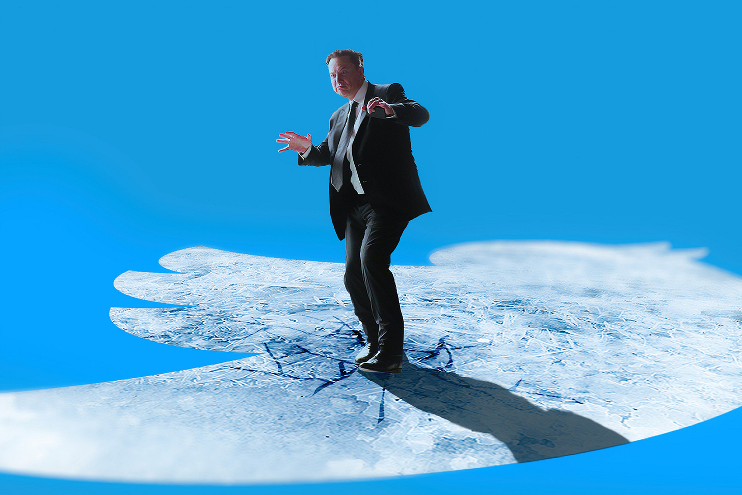 Elon Musk standing on a sheet of ice in the shape of the Twitter icon that is beginning to crack.