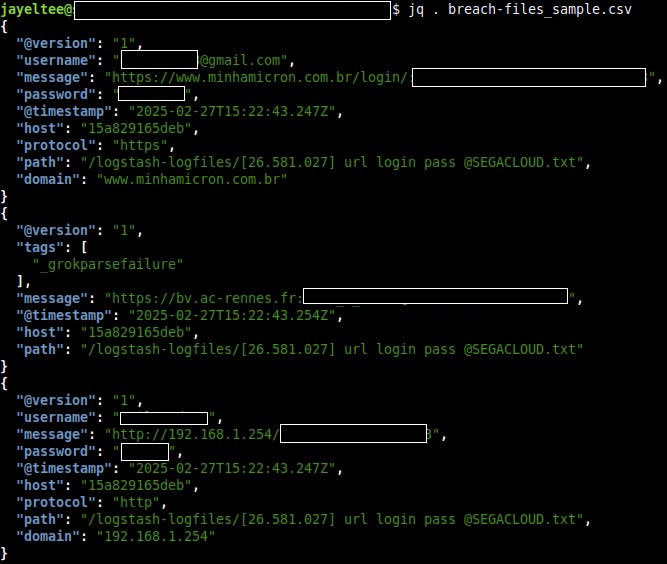 Samples of breach-files and stealer_logs datasets showing connections to txtbase leaks and compilations.