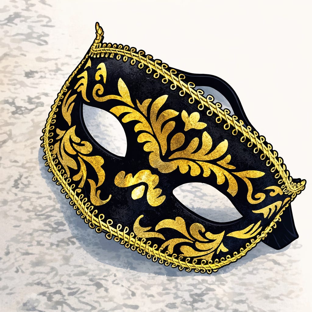 Gold & Black mask on grey speckled white table Gold & Black mask on grey speckled white table