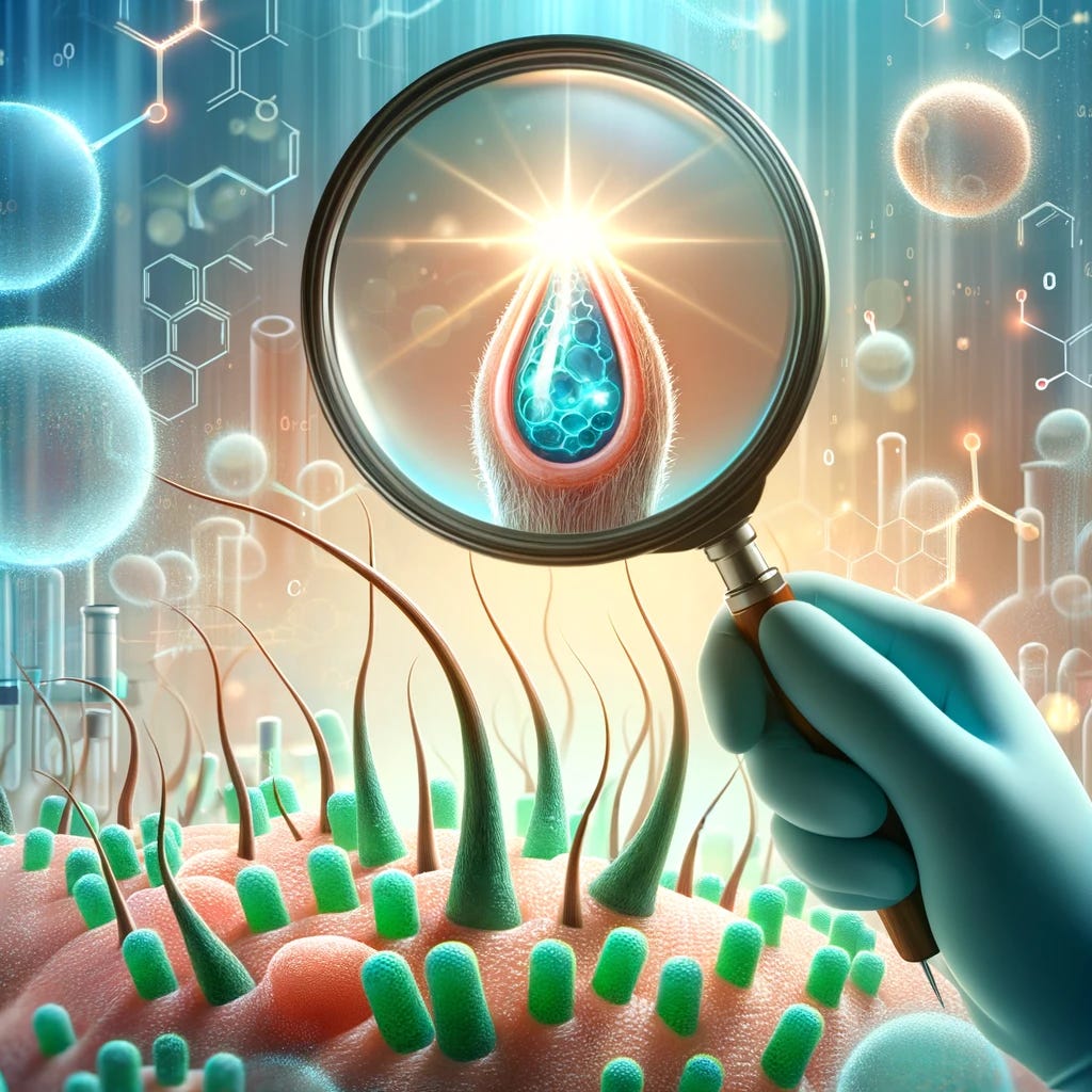 An illustration showing a scientific breakthrough in hair regrowth, with a magnifying glass focused on a hair follicle emanating bright light, symbolizing activation by a newly discovered molecule. The background is a mix of laboratory environment and abstract representations of cellular regeneration. The scene is devoid of any human figures, emphasizing the focus on the hair follicle and the molecular discovery. The color palette includes shades of blue, green, and light to represent a hopeful and innovative atmosphere.