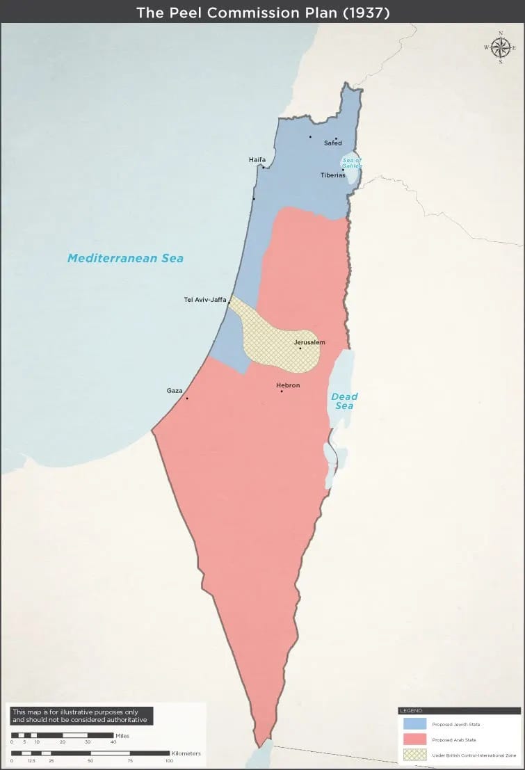 Peel Proposal 1937: Jewish state in blue, Arab state in pink, international zone in yellow.