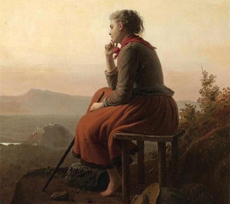 This may contain: a painting of a woman sitting on top of a hill
