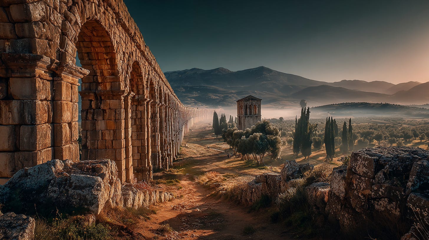 weathered Roman stone aqueduct receding into distance, arches diminishing one after another into pale morning mist weathered Roman stone aqueduct receding into distance, arches diminishing one after another into pale morning mist