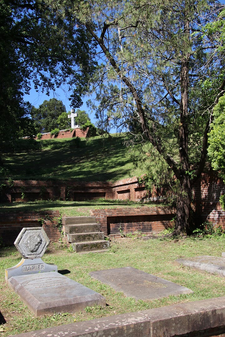 Photos of the grave of Elizabeth Jones Reed Napier. Image on the right shows the terraced nature of the gravesite.
