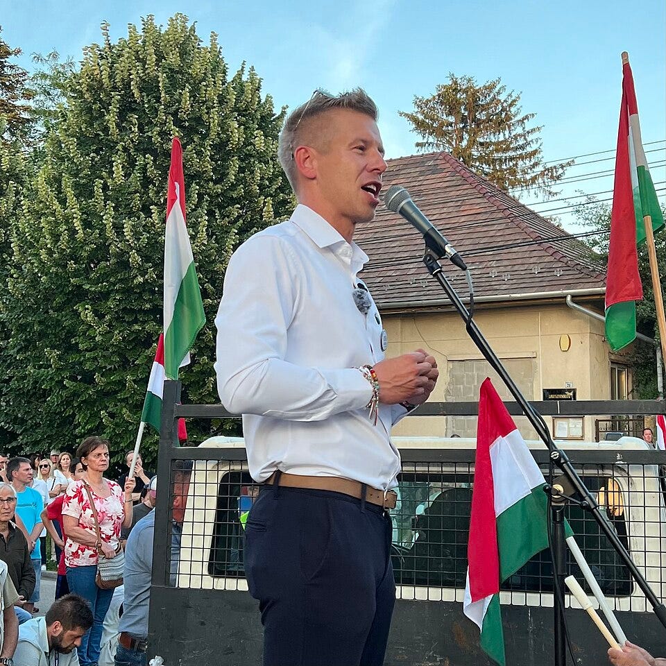 Péter Magyar speaking at a campaign event in Szigetszentmiklós in June 2024