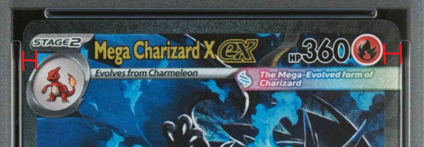 Left Right centering measurement on PSA 10 Mega Charizard X ex. Left Right centering measurement on PSA 10 Mega Charizard X ex.