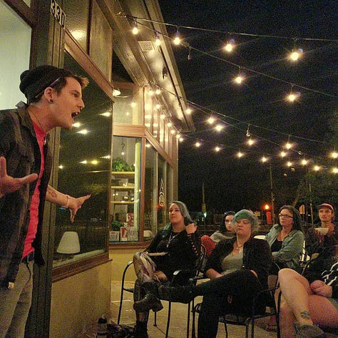 A gallery of people performing at queer open mics over the years