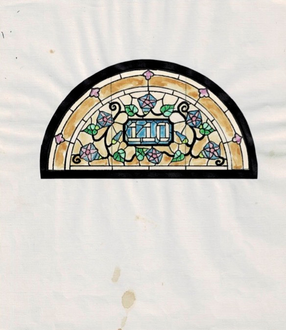 Sketch of crescent-shaped stained glass window. The window is amber, with the numbers 110 at the center. Blue flowers surround the numbers. Sketch of crescent-shaped stained glass window. The window is amber, with the numbers 110 at the center. Blue flowers surround the numbers.