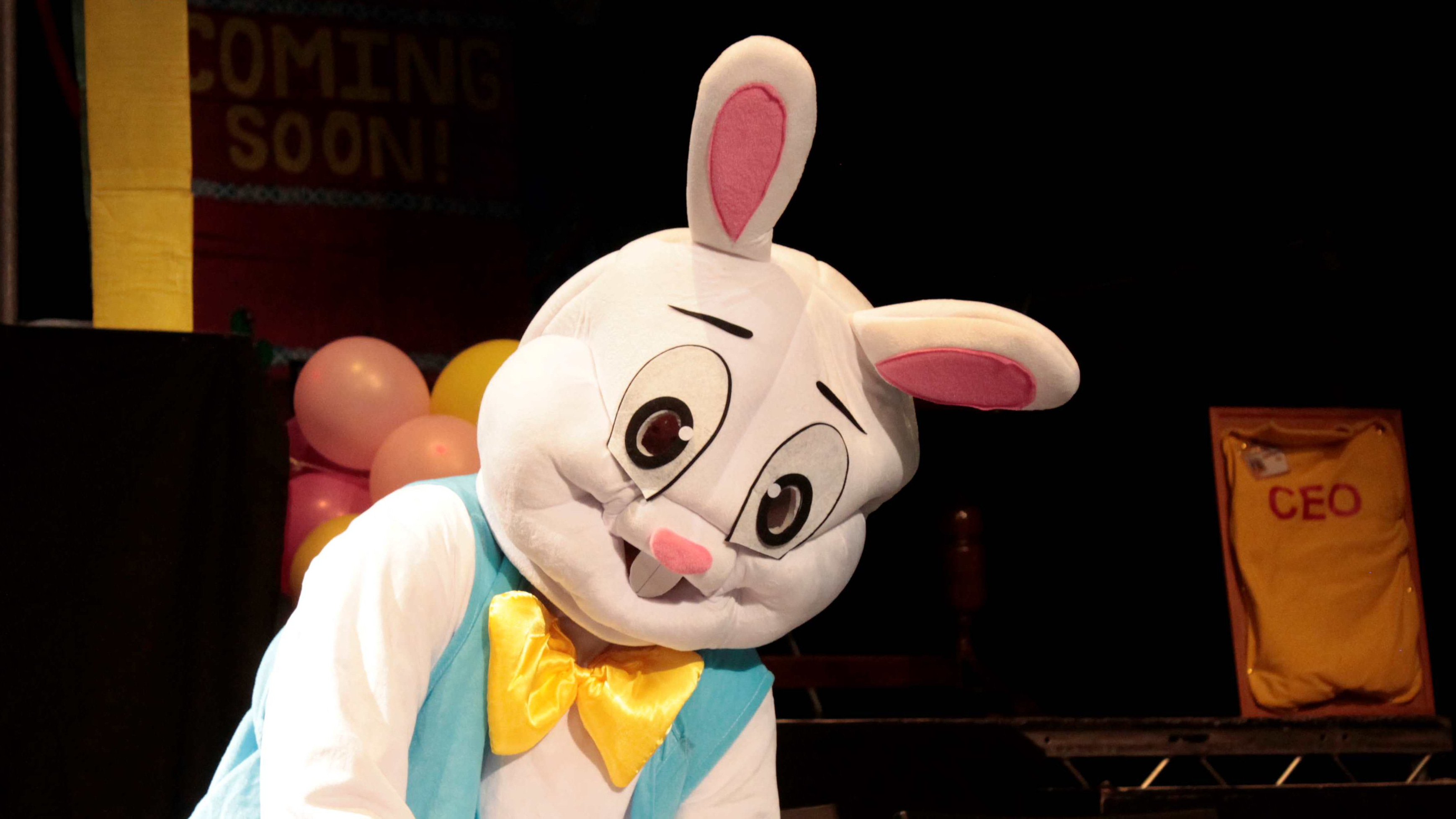 An actor in a large white bunny costume with big eyes and pink ears sits forlornly on a dark state next to a sign saying CEO.