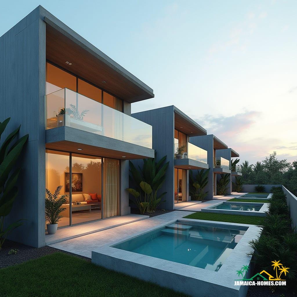 The Urban Slimline Villas are a series of sleek, two-story homes located in the vibrant heart of Kingston, Jamaica. With a design that emphasizes a narrow, contemporary silhouette, these homes are perfect for modern city living. The minimalist exteriors are complemented by large glass windows that flood the interiors with natural light, creating a seamless connection between the indoors and the dynamic cityscape outside.