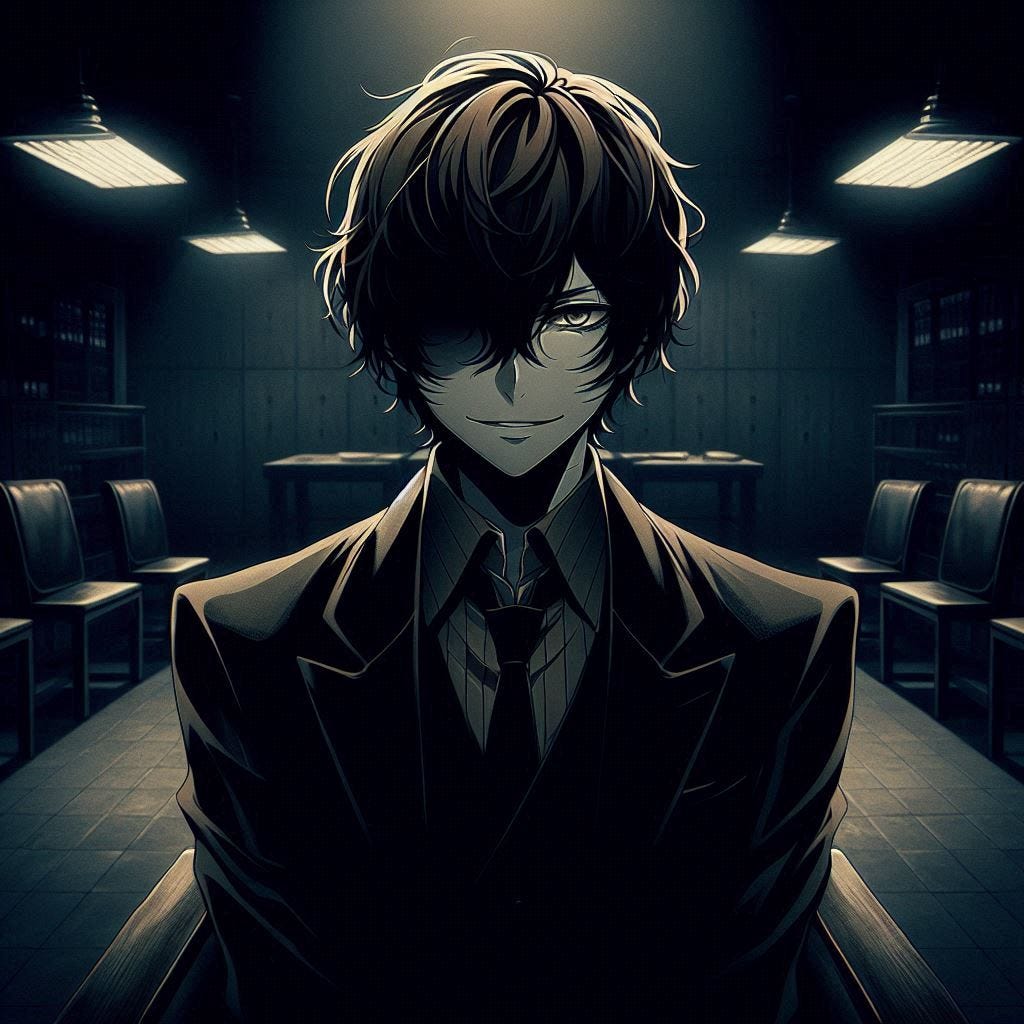 a creepy young man with brown hair scary eyes with shadows over them and a creepy frown sitting in an interrogation room. anime art style. dark. smiling like a psychopath. horror. black and white.