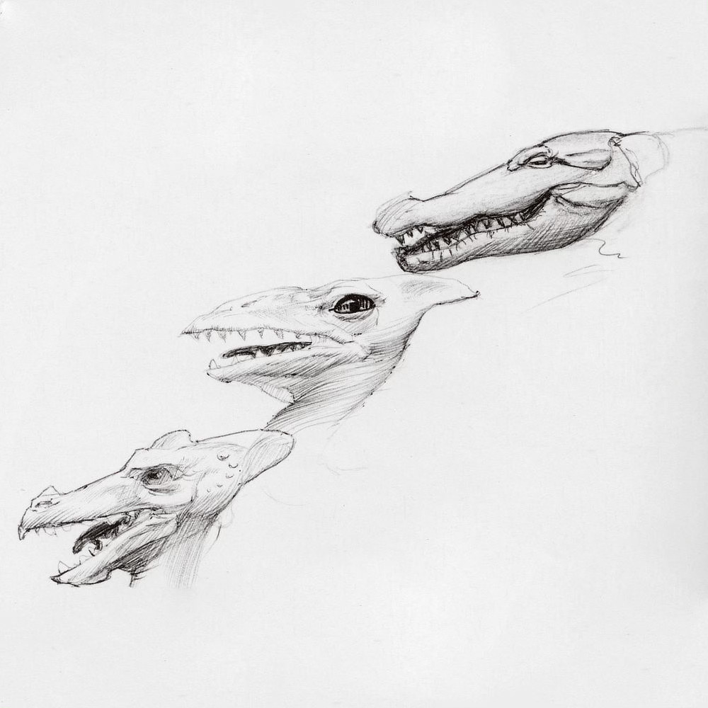 Pencil sketches for STORMBRINGER featuring three different renditions of the creature's head ranging from pterodactyl to alligator-like.
