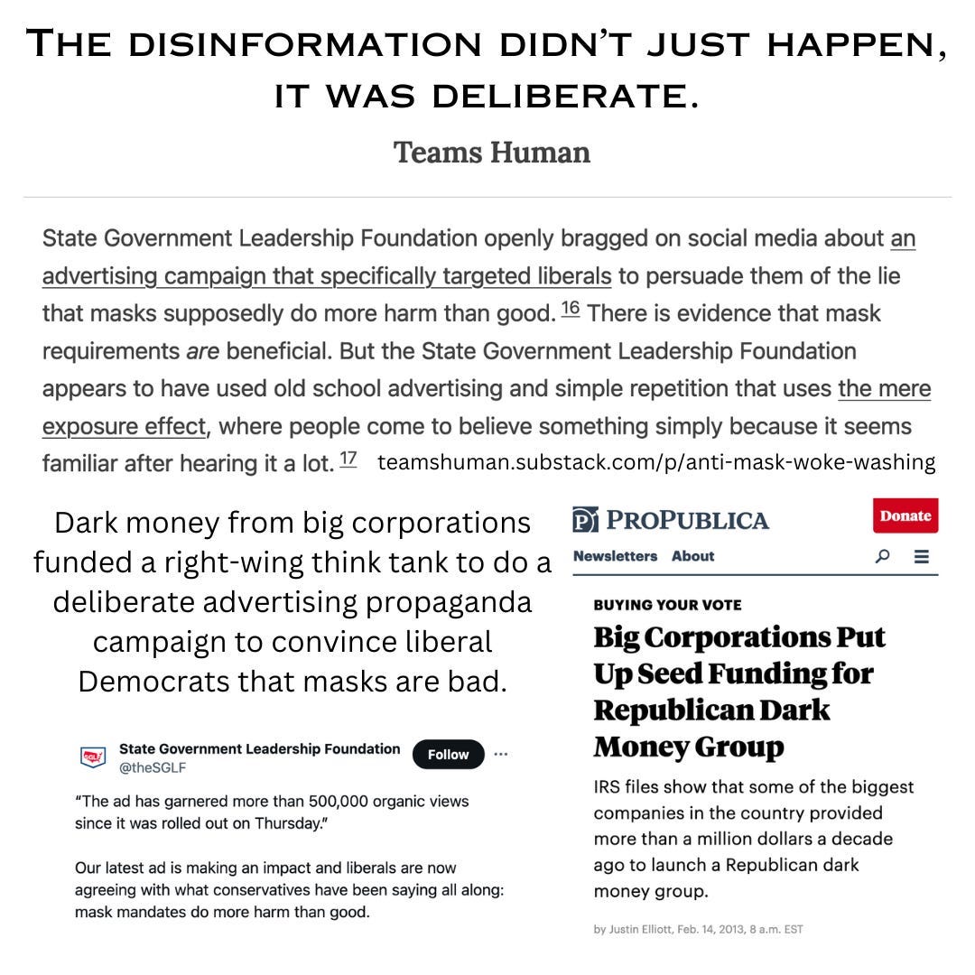 x The disinformation didn’t just happen, it was deliberate. Teams Human. State Government Leadership Foundation openly bragged on social media about an advertising campaign that specifically targeted liberals to persuade them of the lie that masks supposedly do more harm than good. footnote 16 There is evidence that mask requirements are beneficial. But the State Government Leadership Foundation appears to have used old school advertising and simple repetition that uses the mere exposure effect, where people come to believe something simply because it seems familiar after hearing it a lot. footnote 17 teamshuman.substack.com/p/anti-mask-woke-washing Dark money from big corporations funded a right-wing think tank to do a deliberate advertising propaganda campaign to convince liberal Democrats that masks are bad. ProPublica headline: Buying Your Vote Big Corporations Put Up Seed Funding for Republican Dark Money Group IRS files show that some of the biggest companies in the country provided more than a million dollars a decade ago to launch a Republican dark money group. by Justin Elliott Feb. 14, 2013. Tweet from State Government Leadership Foundation brags about an anti-mask advertising campaign targeting liberals.