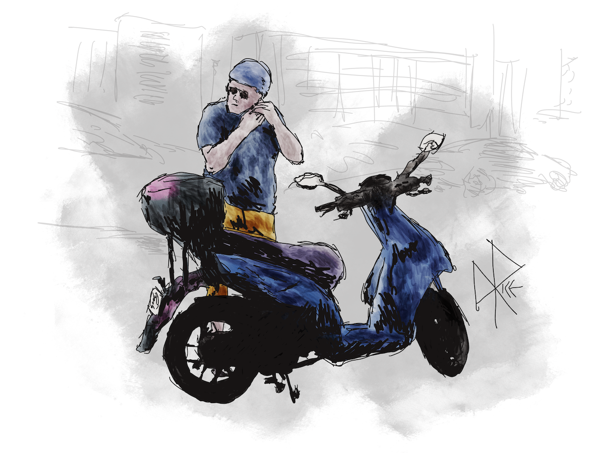 A man straps on his helmet as he stands beside a parked scooter. Sketch art by Don Rice. A man straps on his helmet as he stands beside a parked scooter. Sketch art by Don Rice.