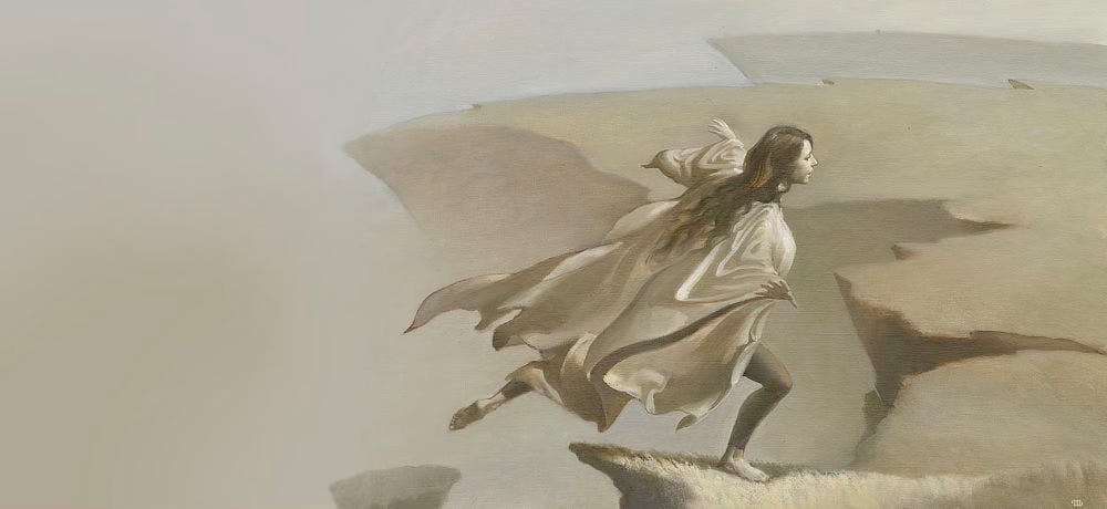 Tonal study for RIMRUNNER featuring the young woman posed balanced with arms out, front leg bent, and back leg trailing. The perspective of her environment differs as she's just taken a step over a gap onto the next segment but we only see the top edge of the rim. The background isn't the winding ribbon trail but rather the broken edge of a cliff and wider, flat plains atop it.