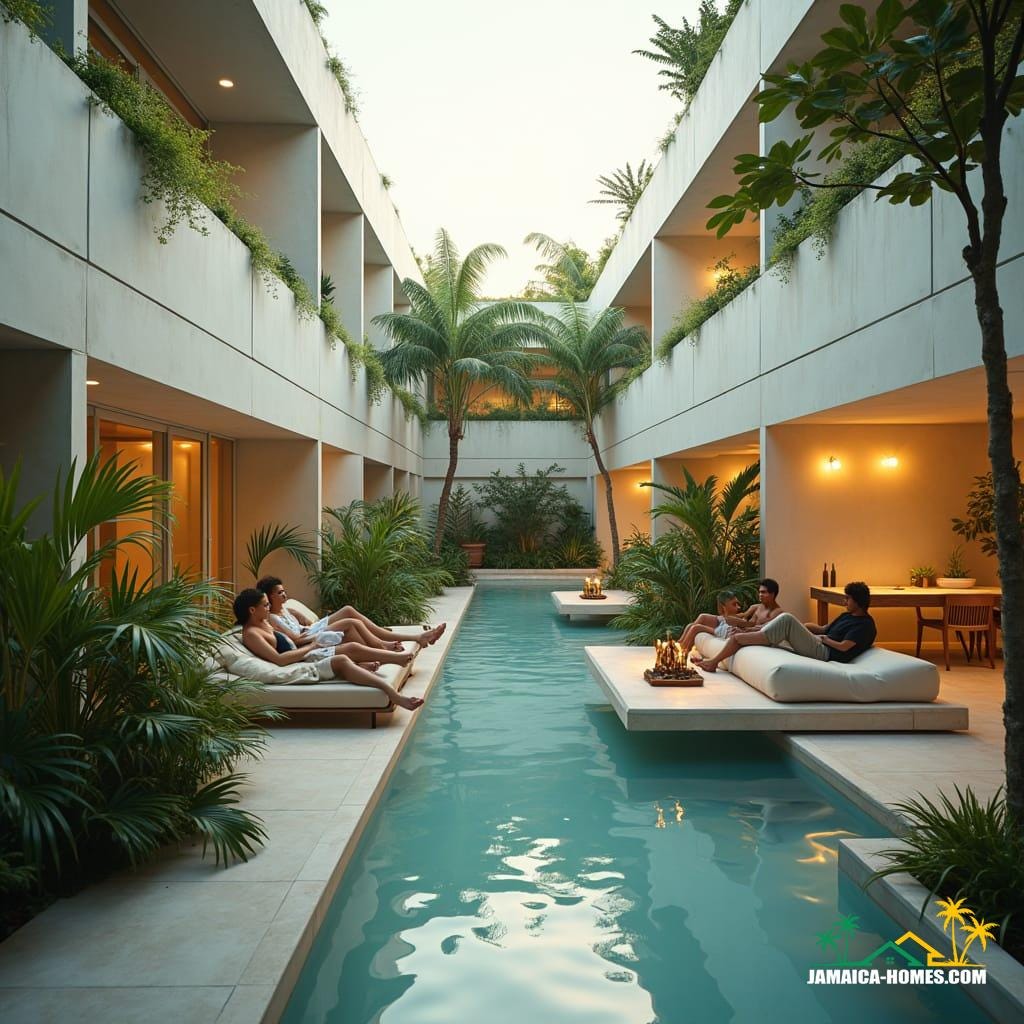 Futuristic co-living space in New Kingston, Jamaica, designed for young professionals. 
