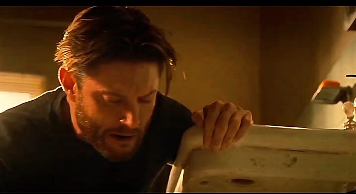 Jensen Ackles on mens bathroom floor scrounging for pills to get migraine high 2025