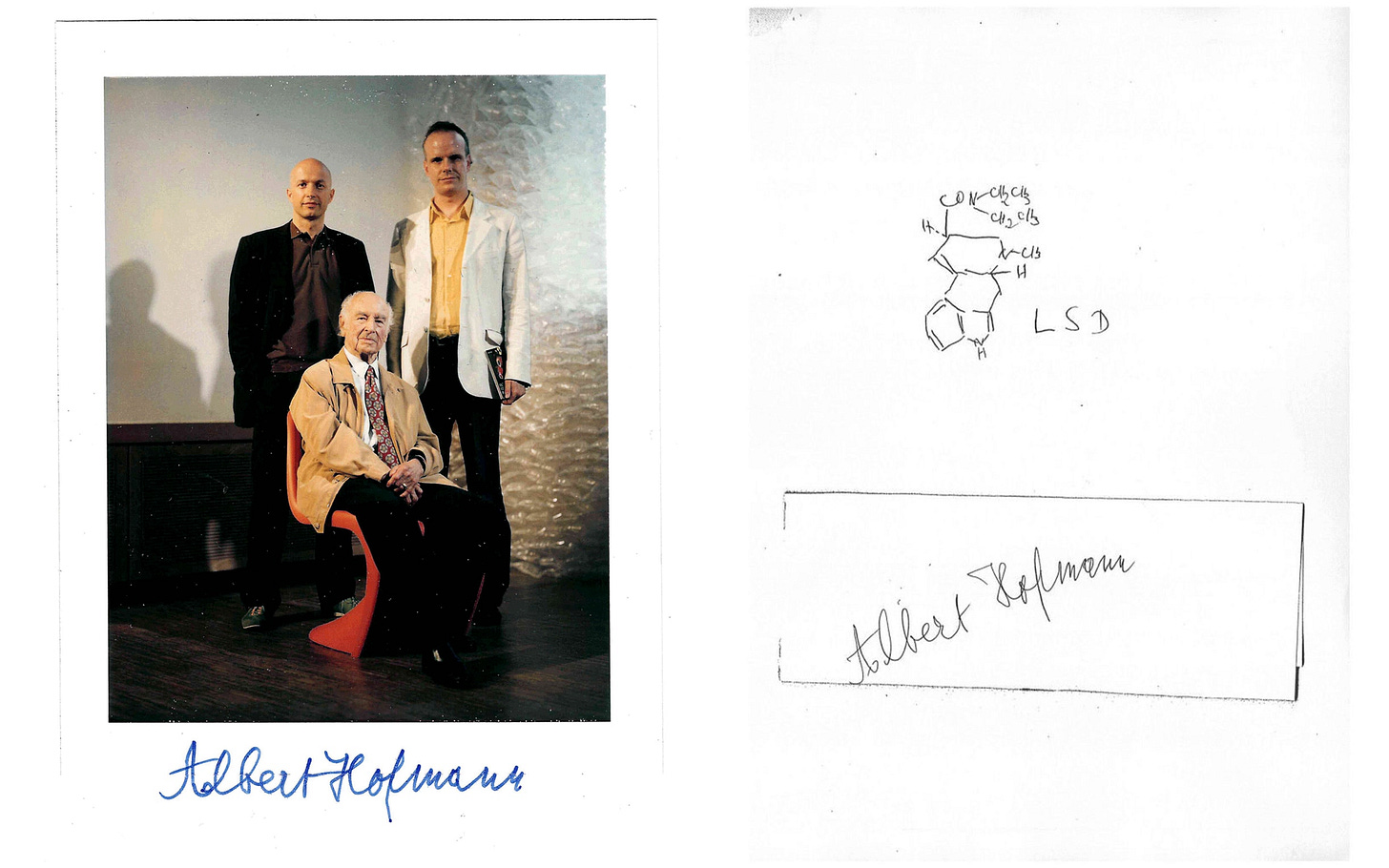 Left: Former Art Basel Director Sam Keller, Hans Ulrich Obrist, and Albert Hofmann, Art Basel, 2004. Right: LSD formula drawn by Alfred Hofmann for Hans Ulrich Obrist, 2004. Both images: Courtesy of Hans Ulrich Obrist.