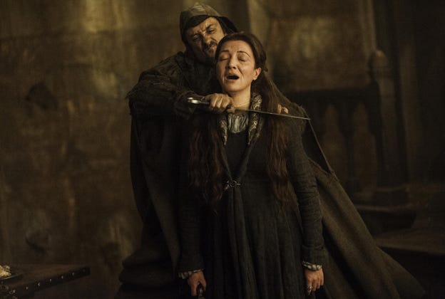 Michelle Fairley and Tim Plester as Catelyn Stark and Black Walder Frey in 'Game of Thrones'