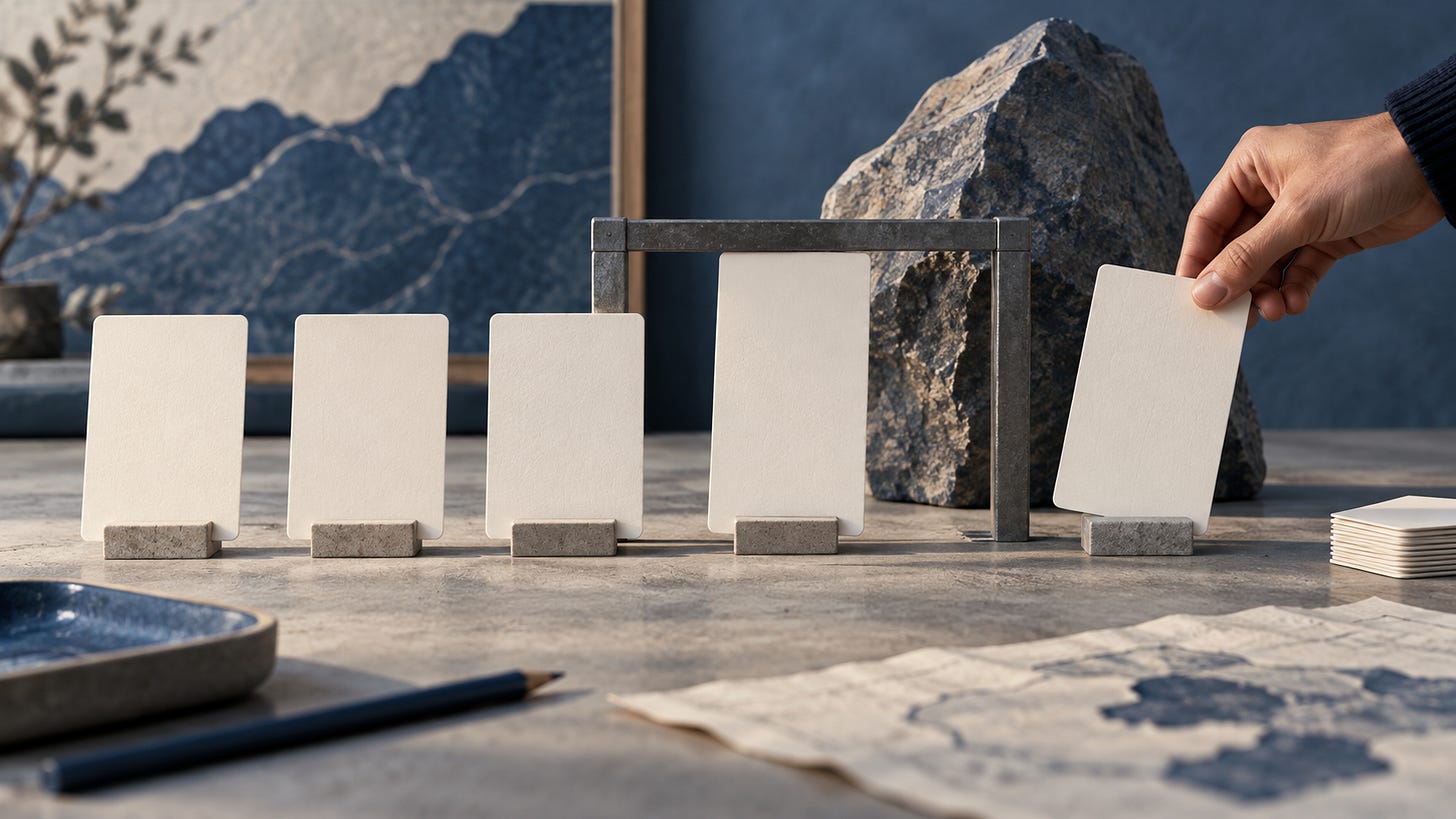A hand selects a blank card from a row of upright cards on a desk beside a stone and mountain landscape.