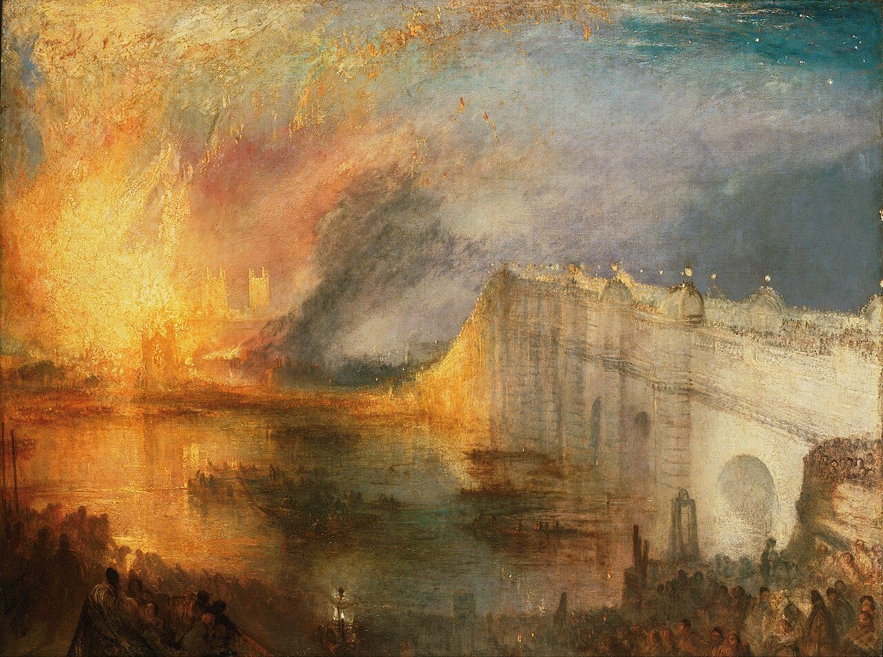 A palace burning across the Thames at night A palace burning across the Thames at night