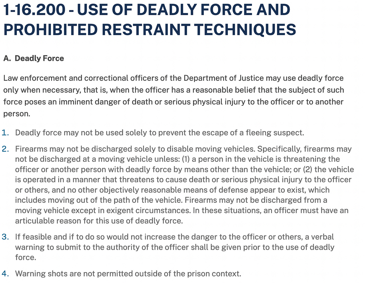 Screenshot from DOJ site containing previously reported use of deadly force text